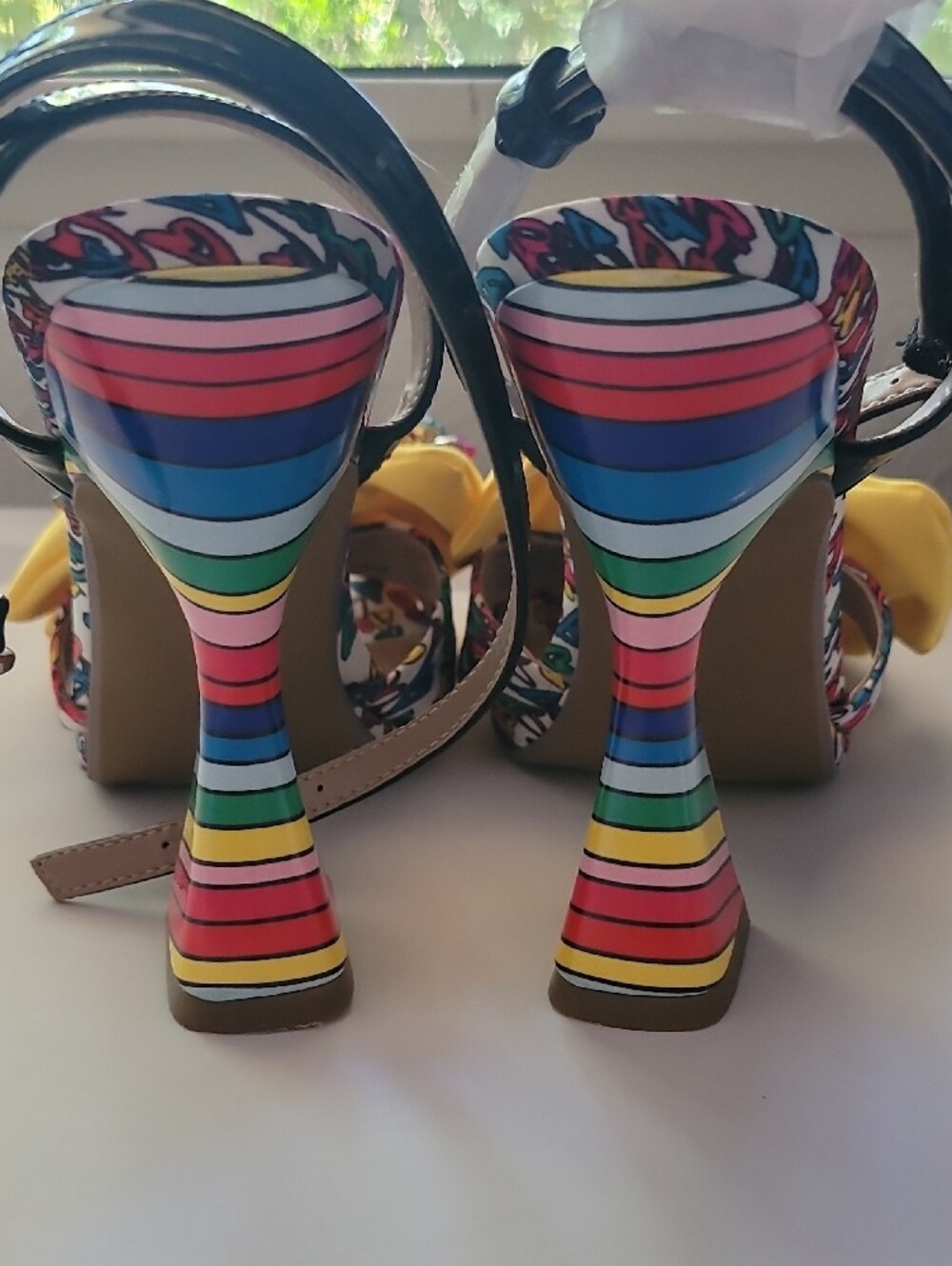 Betsey Johnson Yellow Bow Jeweled Ankle-Strap Peep-Toe RAINBOW  Heels - Picture 5 of 9